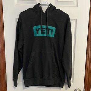 YETI Dark Gray & Turquoise Distressed Logo Hoodie Hooded Sweatshirt Unisex Small